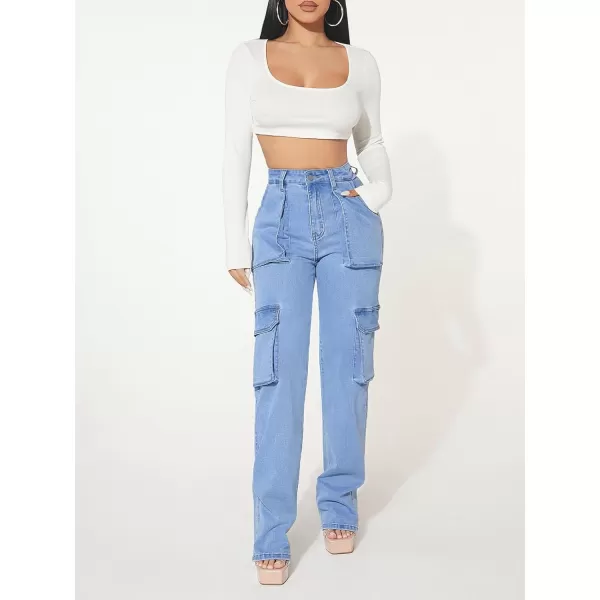 Floerns Women's Casual Flap Pocket High Waist Jeans Workout Denim Cargo Pants