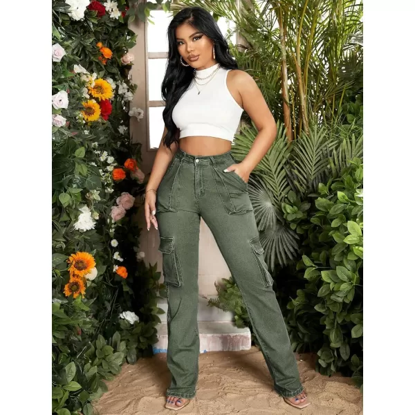 Floerns Women's Casual Flap Pocket High Waist Jeans Workout Denim Cargo Pants