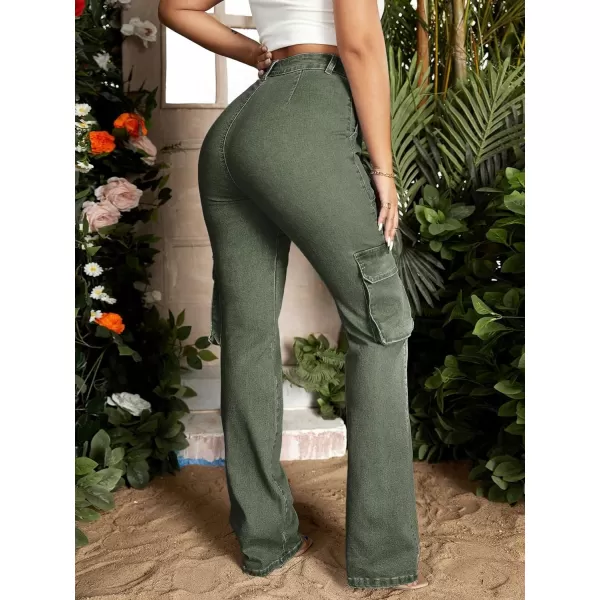 Floerns Women's Casual Flap Pocket High Waist Jeans Workout Denim Cargo Pants