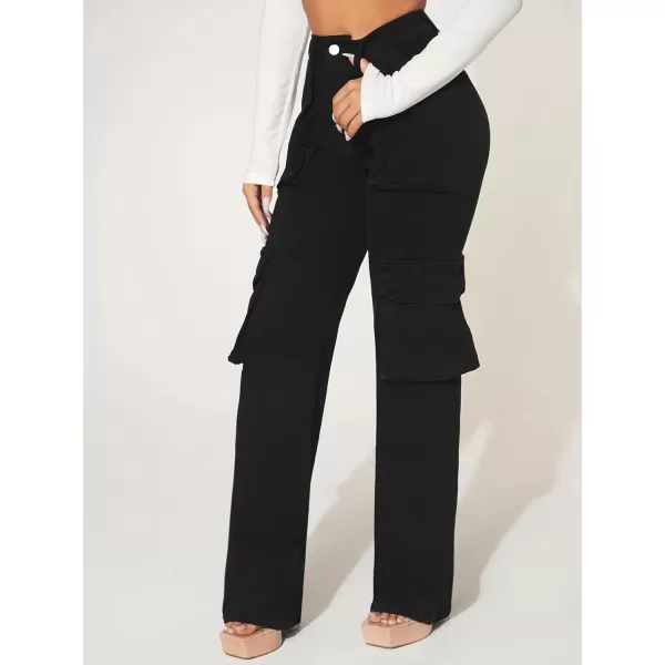 Floerns Women's Casual Flap Pocket High Waist Jeans Workout Denim Cargo Pants