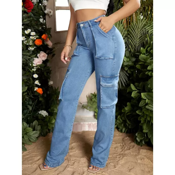 Floerns Women's Casual Flap Pocket High Waist Jeans Workout Denim Cargo Pants