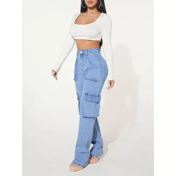 Floerns Women's Casual Flap Pocket High Waist Jeans Workout Denim Cargo Pants