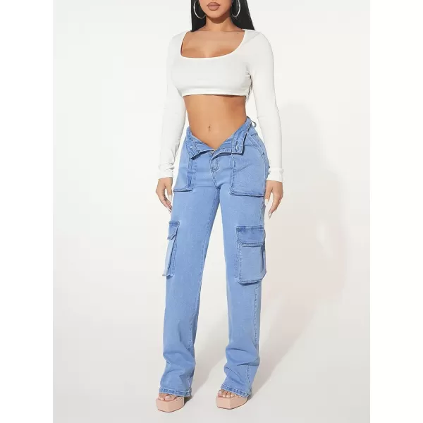 Floerns Women's Casual Flap Pocket High Waist Jeans Workout Denim Cargo Pants