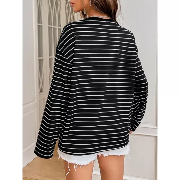 Floerns Women's Casual Long Sleeve Crew Neck Striped Printed Oversized Tee Top Patched T-Shirts