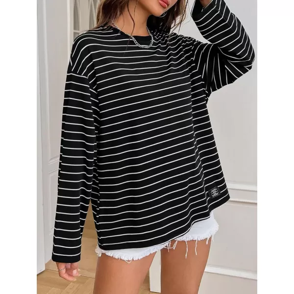 Floerns Women's Casual Long Sleeve Crew Neck Striped Printed Oversized Tee Top Patched T-Shirts