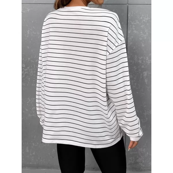 Floerns Women's Casual Long Sleeve Crew Neck Striped Printed Oversized Tee Top Patched T-Shirts