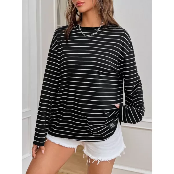 Floerns Women's Casual Long Sleeve Crew Neck Striped Printed Oversized Tee Top Patched T-Shirts