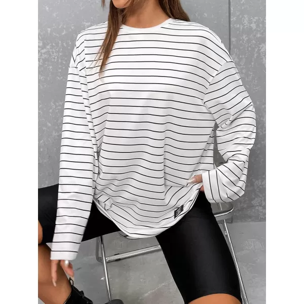 Floerns Women's Casual Long Sleeve Crew Neck Striped Printed Oversized Tee Top Patched T-Shirts