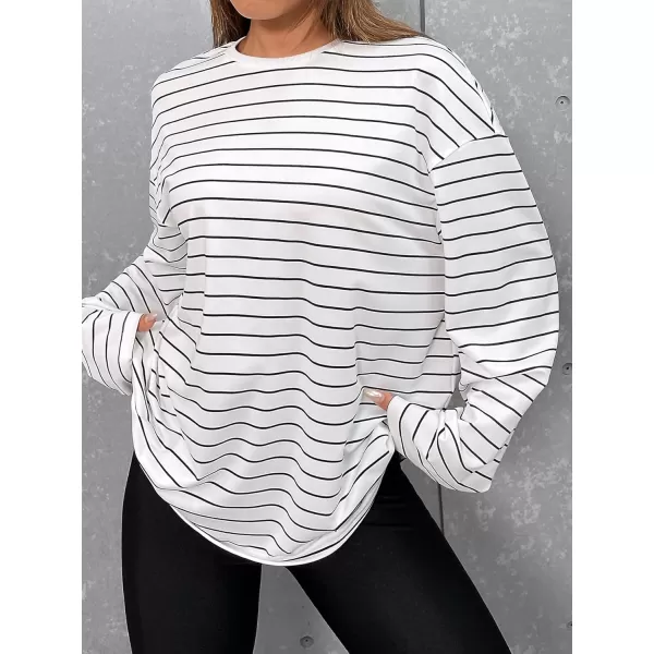 Floerns Women's Casual Long Sleeve Crew Neck Striped Printed Oversized Tee Top Patched T-Shirts