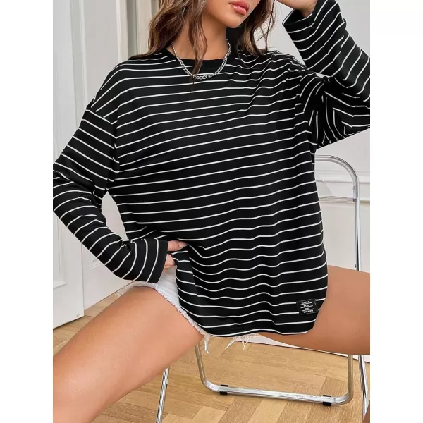 Floerns Women's Casual Long Sleeve Crew Neck Striped Printed Oversized Tee Top Patched T-Shirts