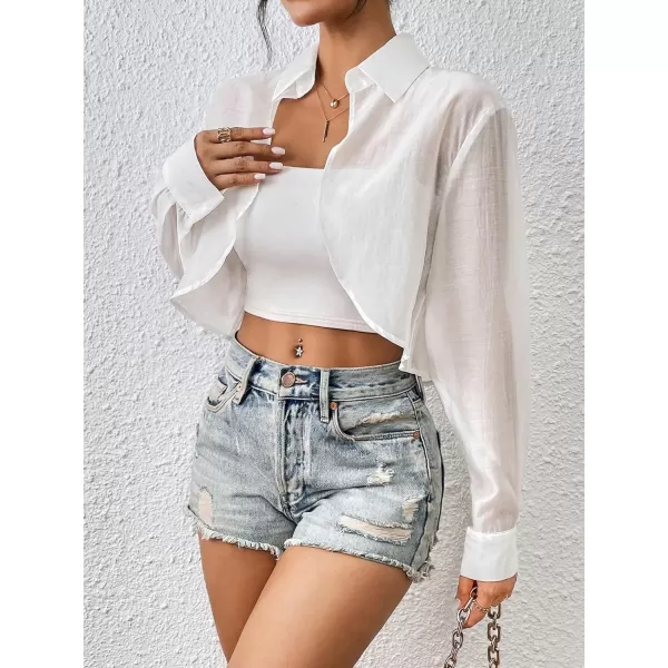 Floerns Women's Casual Long Sleeve Open Front Lapel Collar Crop Top Shirt