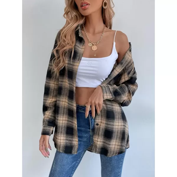 Floerns Women's Casual Plaid Long Sleeve Button Front Collar Blouses Shirts Top