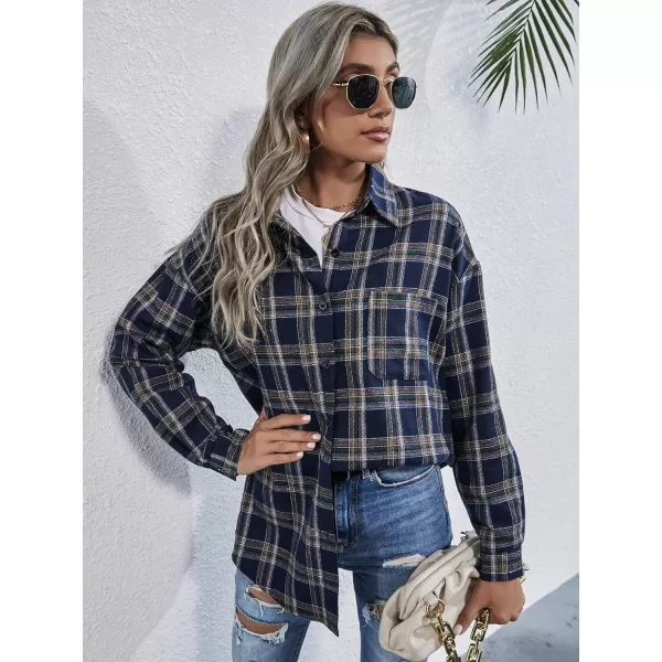 Floerns Women's Casual Plaid Long Sleeve Button Front Collar Blouses Shirts Top