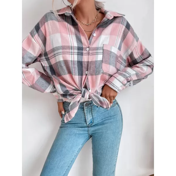Floerns Women's Casual Plaid Long Sleeve Button Front Collar Blouses Shirts Top