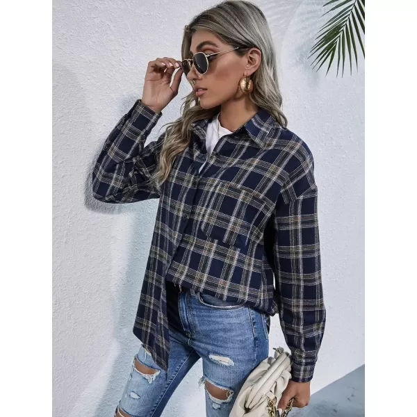 Floerns Women's Casual Plaid Long Sleeve Button Front Collar Blouses Shirts Top