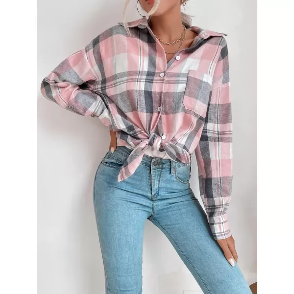 Floerns Women's Casual Plaid Long Sleeve Button Front Collar Blouses Shirts Top