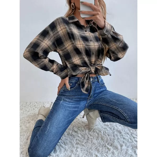 Floerns Women's Casual Plaid Long Sleeve Button Front Collar Blouses Shirts Top