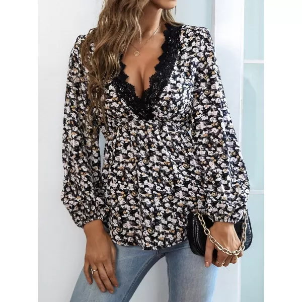 Floerns Women's Contrast Lace V Neck Lantern Long Sleeve Boho Peplum Blouse Top
