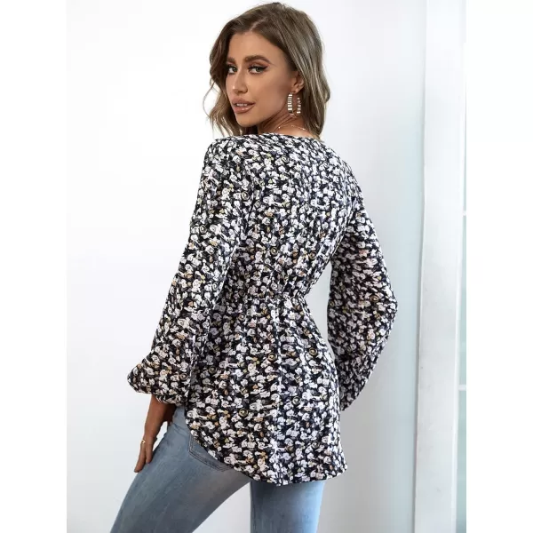 Floerns Women's Contrast Lace V Neck Lantern Long Sleeve Boho Peplum Blouse Top