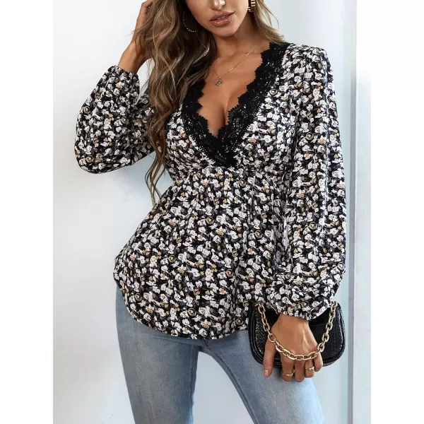 Floerns Women's Contrast Lace V Neck Lantern Long Sleeve Boho Peplum Blouse Top