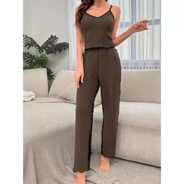 Floerns Women's Contrast Mesh Lettuce Trim Cami Top with Pants 2 Piece Lounge Set