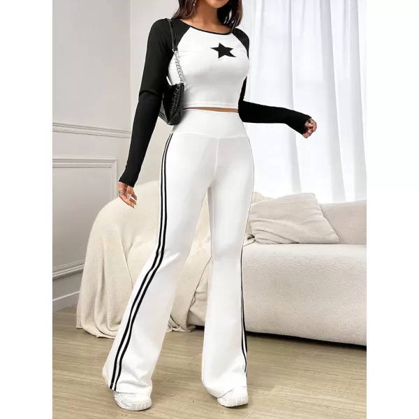 Floerns Women's Contrast Striped Elastic High Waist Workout Flare Leg Pants