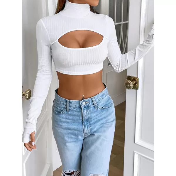 Floerns Women's Cut Out Front Tee Shirt Mock Neck Long Sleeve Crop Top with Thumb Hole