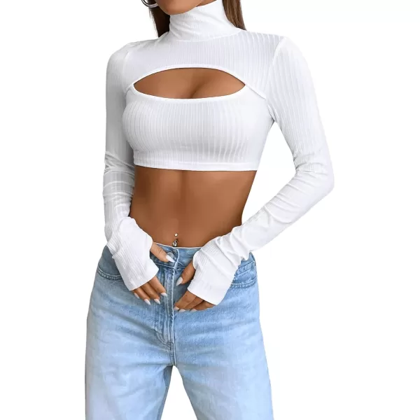 Floerns Women's Cut Out Front Tee Shirt Mock Neck Long Sleeve Crop Top with Thumb Hole