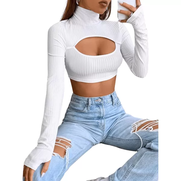 Floerns Women's Cut Out Front Tee Shirt Mock Neck Long Sleeve Crop Top with Thumb Hole