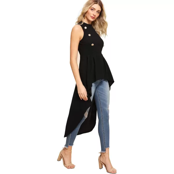 Floerns Women's Double Button Sleeveless Round Neck Asymmetrical Tops