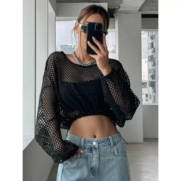 Floerns Women's Drop Shoulder Hollow Out Long Sleeve Crop Top Without Cami Top