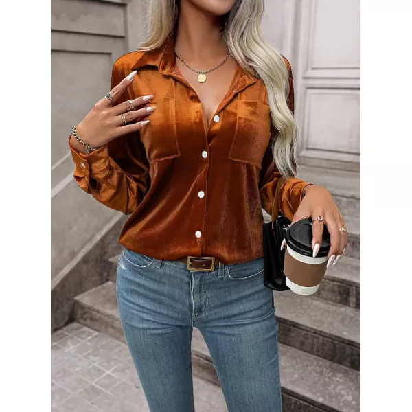 Floerns Women's Dual Pocket Button Down Lapel Collar Solid Velvet Shirt Blouse Top