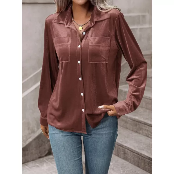Floerns Women's Dual Pocket Button Down Lapel Collar Solid Velvet Shirt Blouse Top