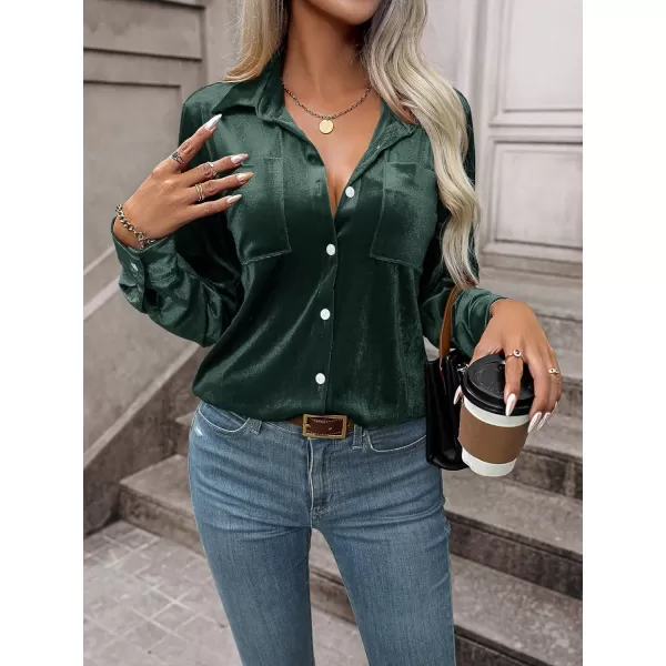 Floerns Women's Dual Pocket Button Down Lapel Collar Solid Velvet Shirt Blouse Top