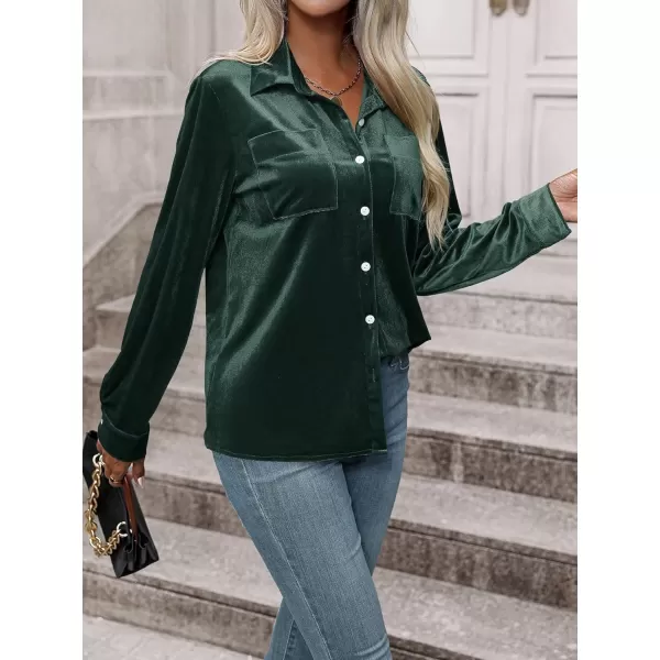 Floerns Women's Dual Pocket Button Down Lapel Collar Solid Velvet Shirt Blouse Top