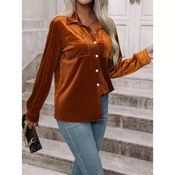 Floerns Women's Dual Pocket Button Down Lapel Collar Solid Velvet Shirt Blouse Top