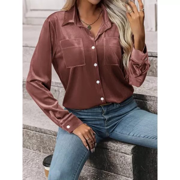 Floerns Women's Dual Pocket Button Down Lapel Collar Solid Velvet Shirt Blouse Top