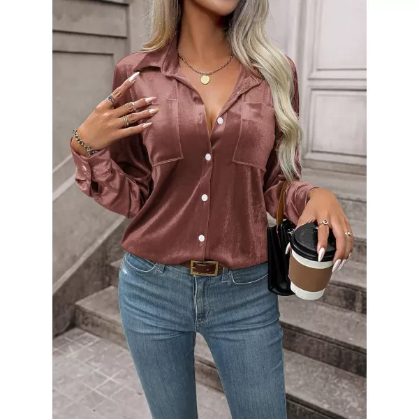 Floerns Women's Dual Pocket Button Down Lapel Collar Solid Velvet Shirt Blouse Top