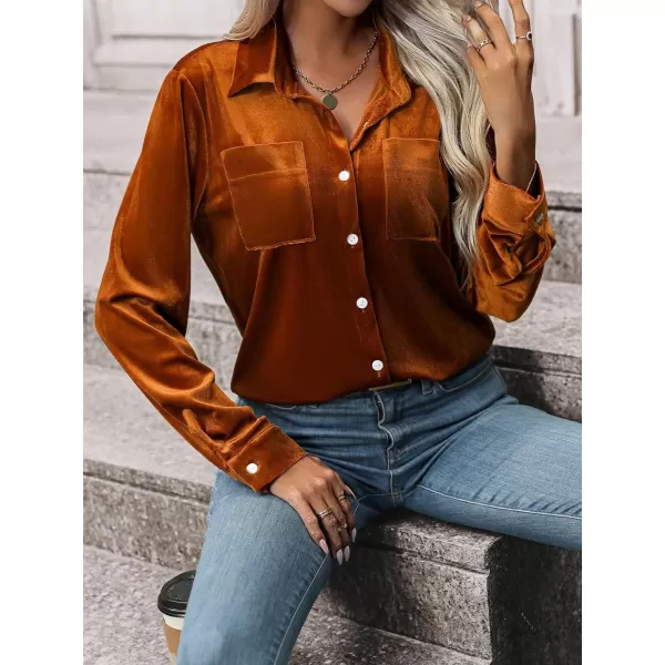 Floerns Women's Dual Pocket Button Down Lapel Collar Solid Velvet Shirt Blouse Top