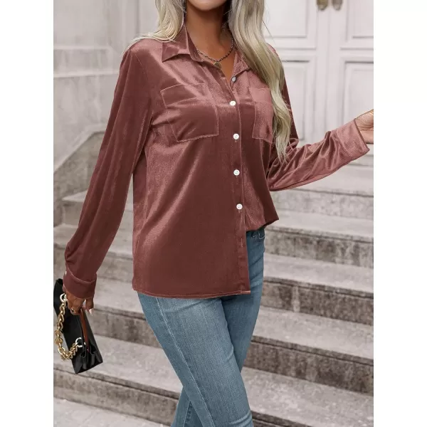 Floerns Women's Dual Pocket Button Down Lapel Collar Solid Velvet Shirt Blouse Top