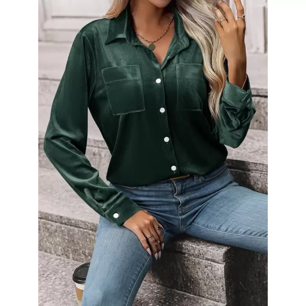 Floerns Women's Dual Pocket Button Down Lapel Collar Solid Velvet Shirt Blouse Top