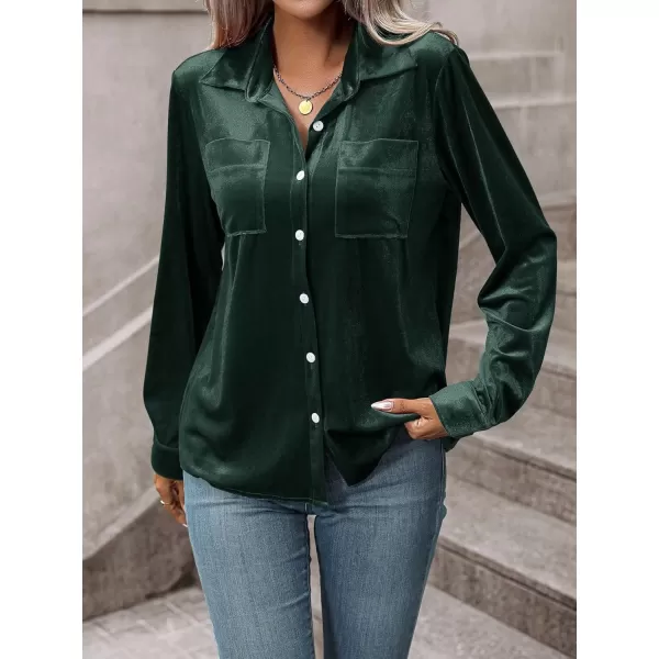 Floerns Women's Dual Pocket Button Down Lapel Collar Solid Velvet Shirt Blouse Top
