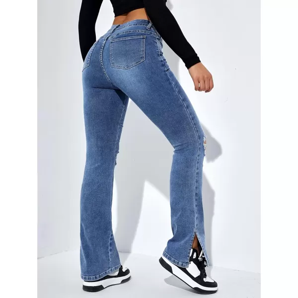 Floerns Women's Flare Leg Ripped Frayed Split Hem High Waist Denim Jeans