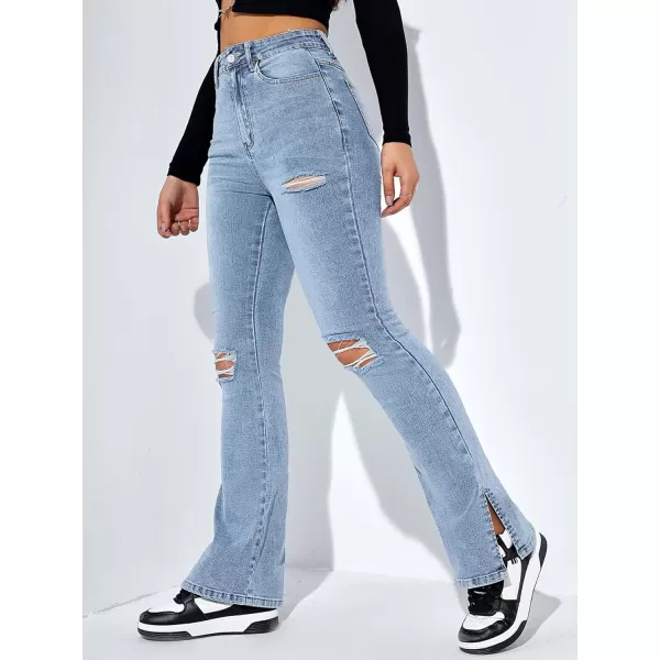Floerns Women's Flare Leg Ripped Frayed Split Hem High Waist Denim Jeans