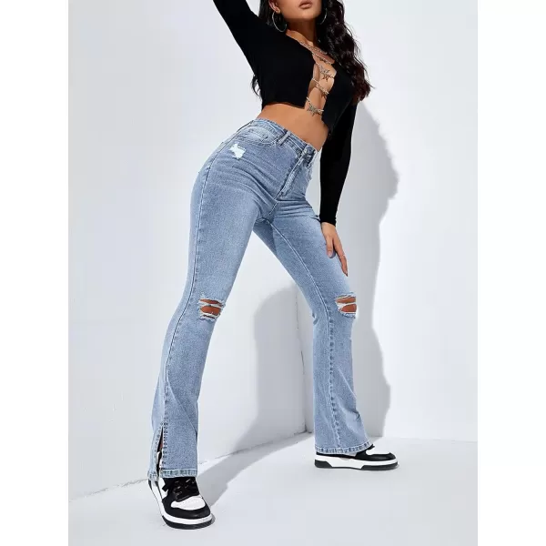 Floerns Women's Flare Leg Ripped Frayed Split Hem High Waist Denim Jeans