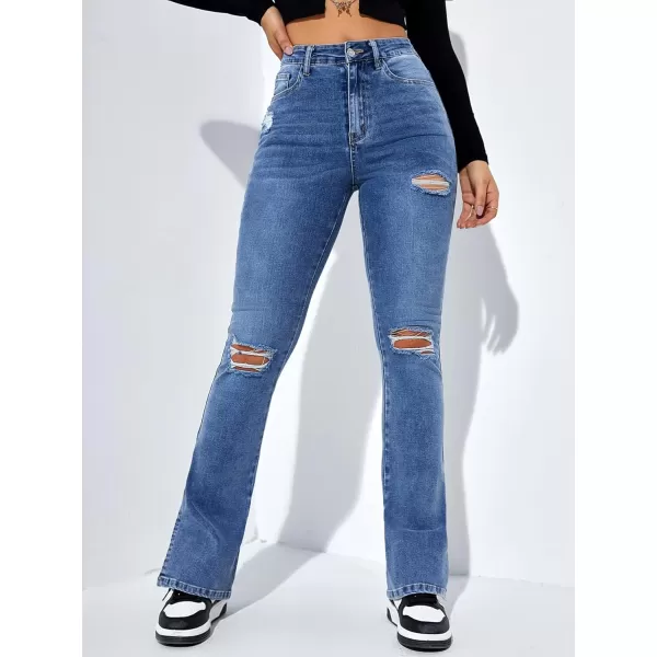 Floerns Women's Flare Leg Ripped Frayed Split Hem High Waist Denim Jeans