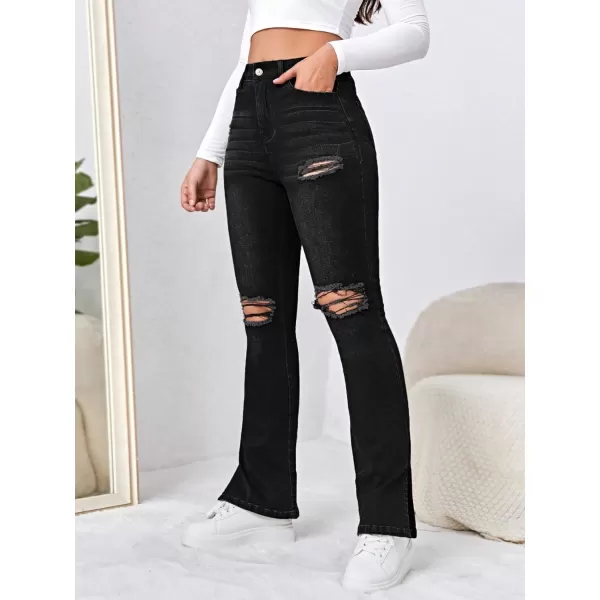 Floerns Women's Flare Leg Ripped Frayed Split Hem High Waist Denim Jeans
