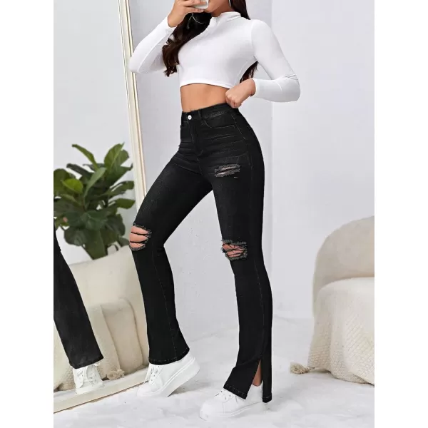 Floerns Women's Flare Leg Ripped Frayed Split Hem High Waist Denim Jeans