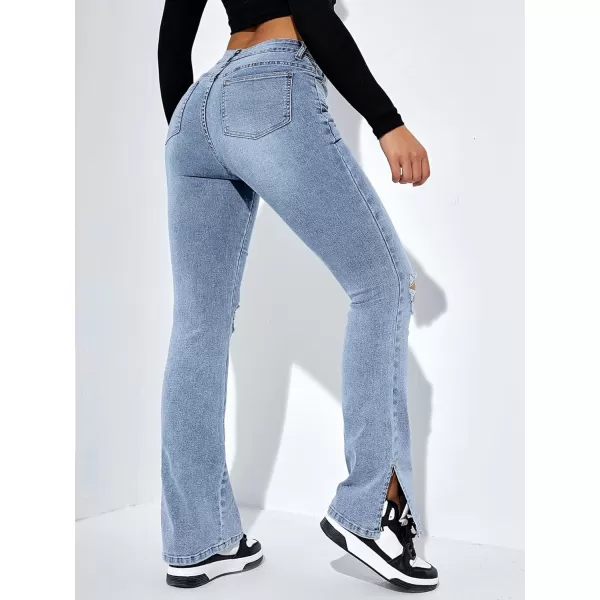 Floerns Women's Flare Leg Ripped Frayed Split Hem High Waist Denim Jeans