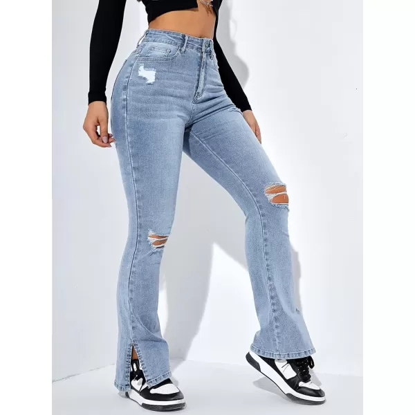 Floerns Women's Flare Leg Ripped Frayed Split Hem High Waist Denim Jeans
